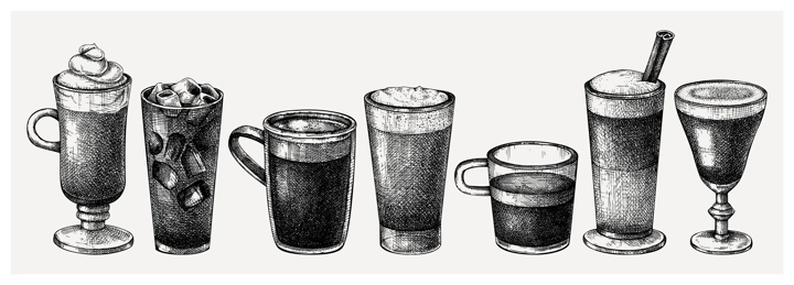 Morning coffee cups collection. Hand-sketched illustrations. Vector sketches of glasses and mugs with aromatic caffeine drinks. Popular coffee hand-drawings vintage style. Vector beverages set.